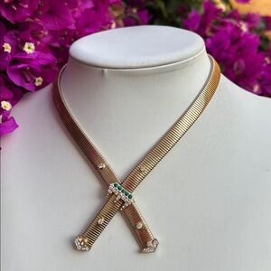 Vintage Omega Gold Necklace with Green and White Rhinestones Accents